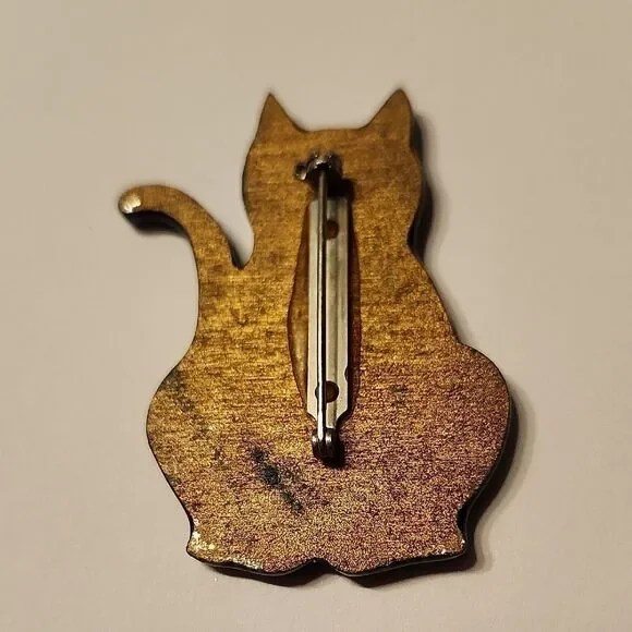 RARE Vintage Wood Black Cat Brooch with Red Flowers - Picture 2 of 2